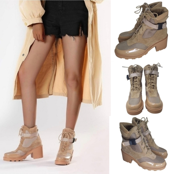 Vivianly Shoes - Vivianly MOTO Lace-Up Chunky Heel Platform Combat Boots Nude Size 10